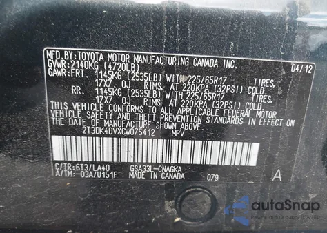 2012 Toyota Rav4 Limited V6 from USA, damaged, VIN 2T3DK4DVXCW075412